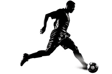 A soccer player is running with a soccer ball in his hand. The image has a dynamic and energetic mood, as the player is in motion and he is focused on the ball