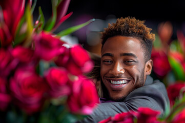 A young African American man with short dreadlocks and a bright red scarf smiles, enjoying the moment against the backdrop of a blurred autumn landscape.
