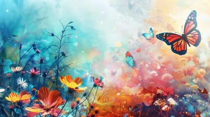 An artistic spring nature background, showcasing colorful flowers and butterflies in an abstract, whimsical design.