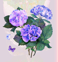 Watercolor hydrangea flowers bouquet, butterflies and leaves illustration isolated on pastel background detailed realistic botanical greeting invitation wedding card in pink, violet, blue color