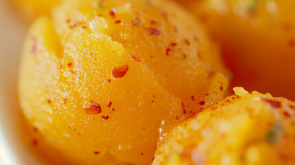 Exotic mango chili sorbet, a closeup of exotic mango chili sorbet, its bright orange color and icy texture with specks of chili, set against a white backdrop