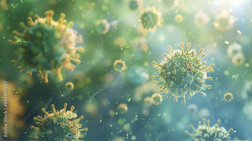 Aufkleber a close-up image of a virus, rendered in 3d, floating in the air with other viruses in the backgroun