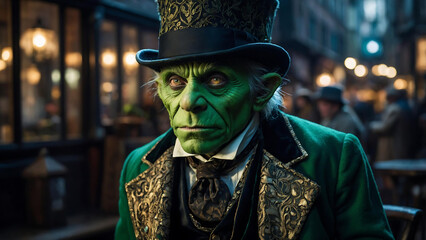 Reflective Chromatic Goblin in Neo-Victorian Metropolis