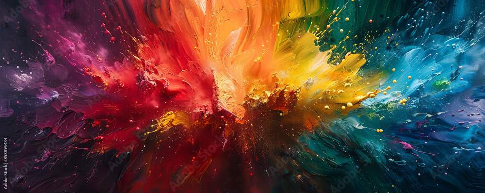 Poster a burst of vibrant colors exploding across a canvas, creating a chaotic yet mesmerizing spectacle of