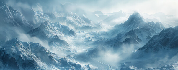 Obraz premium Alpine glacier snaking through rugged mountain terrain, icy wilderness, glacial majesty, polar landscape.