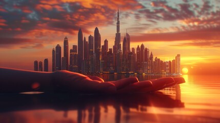 Obraz premium Dubai city, United Arab Emirates In the concept of magical cities on earth at sunrise