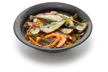 Small horse mackerel escabeche. Fried and marinated fish.