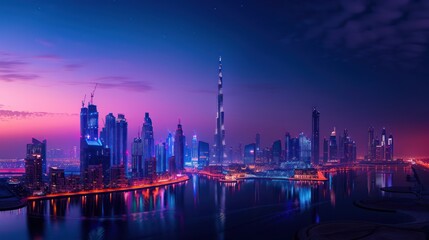 Naklejka premium View of the Dubai city skyline at night - Artificial Intelligence-generated panorama of the Dubai city skyline