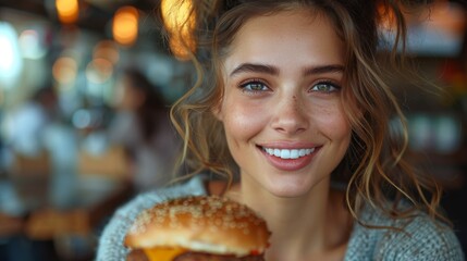Cheerful young woman smiling holding a burger in a diner setting, showcasing a moment of indulgence