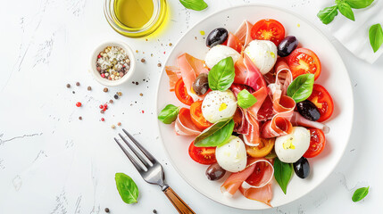 Fresh Italian salad with mozzarella, prosciutto, tomatoes, olives, and basil leaves on a white plate. 