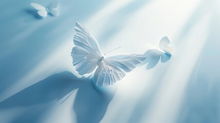 Fototapeta premium Blue and white 3D butterfly art on a minimalistic poster background, with delicate shadows for a lifelike appearance