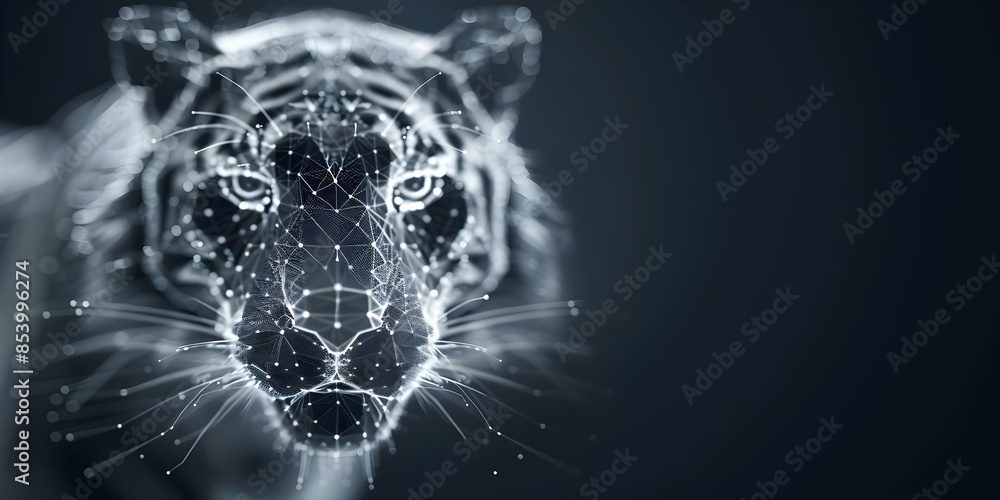 Poster abstract image of a digital tiger wireframe with polygonal lines and dots. concept tiger, wireframe,