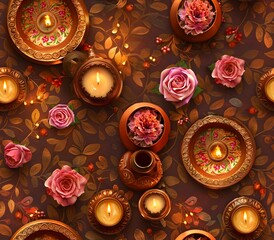Resplendent Diwali Thali with Floral Motifs Rose Sweets and Gleaming Copper Urns
