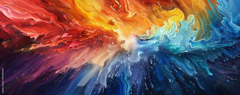 Poster a burst of vibrant colors exploding across a canvas, creating a chaotic yet mesmerizing spectacle of