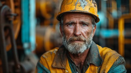 Fototapeta premium Close-up of a rugged worker with a weathered face and intense gaze wearing a yellow, dirty hard hat
