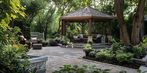 Patio with Brussel block pavers gazebo seating and petunias. Concept Landscaping Ideas, Patio Design, Gazebo Setup, Flower Pots, Outdoor Seating Area