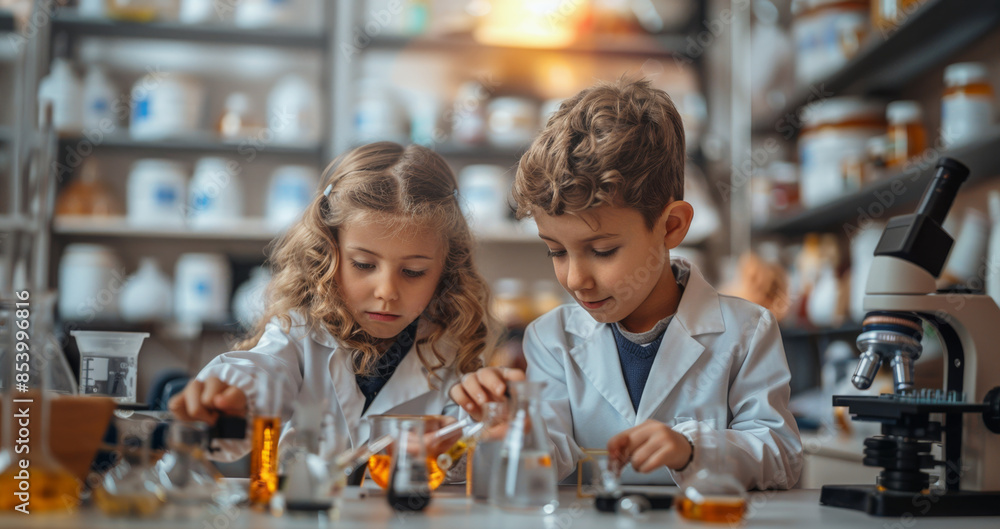 Aufkleber Two children, wearing lab coats, conduct a science experiment in a lab setting.