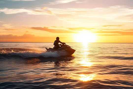 A man is riding a jet ski on a calm ocean. The sky is orange and the sun is setting