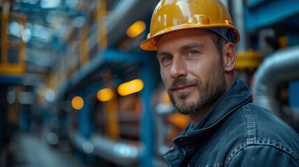 Attractive male worker in hard hat posing in industrial area