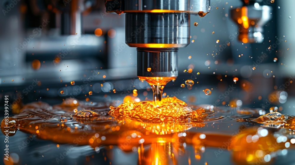 Poster close-up of a cnc machine in action, with metal sparks indicating precision work
