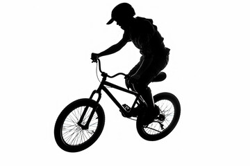 Obraz premium A man is riding a bike and doing a trick. The image is in black and white and has a moody, dramatic feel to it