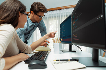 Team skilled developers program thinking newest coding creative website planning software project...