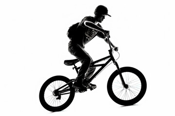 Fototapeta premium A man is riding a bike and doing a trick. The image is in black and white and has a moody, dramatic feel to it