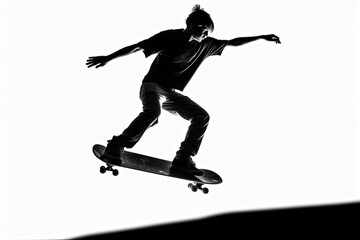 Fototapeta premium A man is doing a trick on a skateboard. The image is in black and white and the man is the only visible object. Scene is energetic and exciting