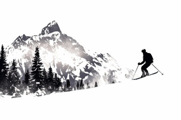 A skier is skiing down a mountain with a sunset in the background. The skier is wearing a red jacket and goggles