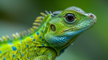 Fototapeta premium Close-up photo of a vibrant green lizard with striking blue scales and detailed texture