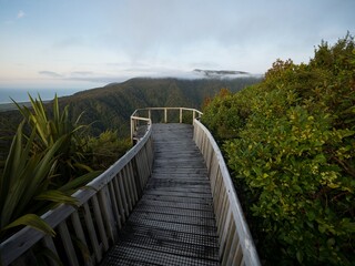 Wooden walkway leading to green bush forest viewpoint overlooking Papahaua Ranges Buller District...