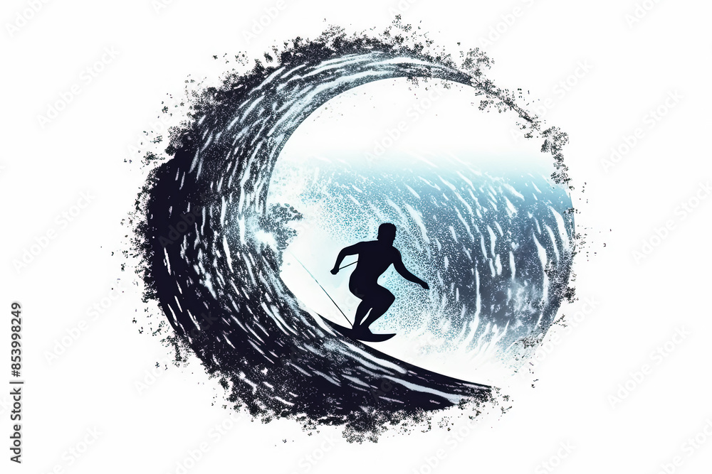 Poster a man is surfing a wave in the ocean. the image has a dynamic and energetic mood, as the man is ridi