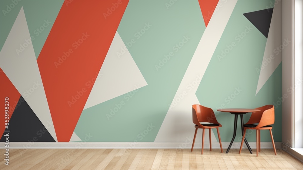 Poster wallpaper pattern in a minimalist style, featuring bold lines and shapes in contrasting colors.