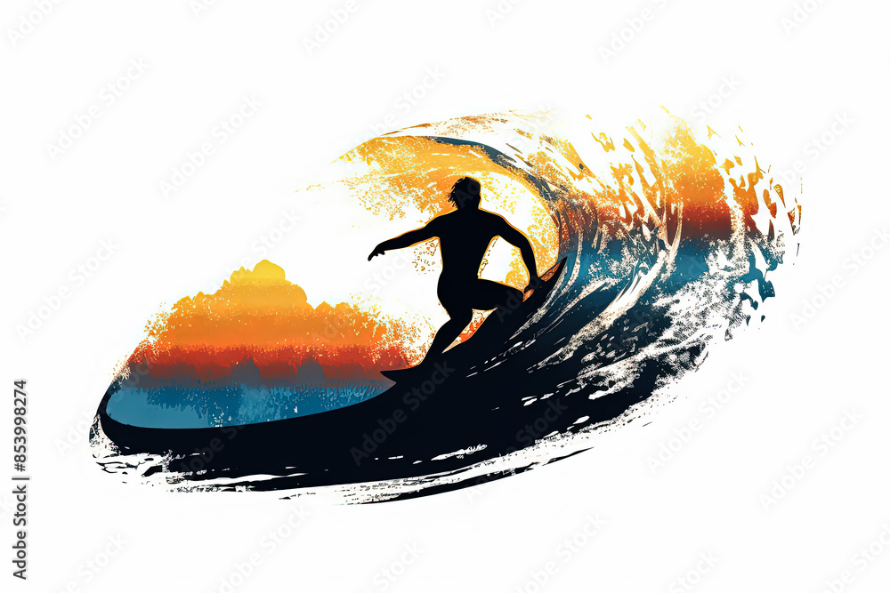 Poster a man is surfing a wave in the ocean. the image has a dynamic and energetic mood, as the man is ridi