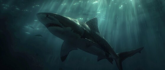 Naklejka premium Encounter: Tiger Shark in Depths