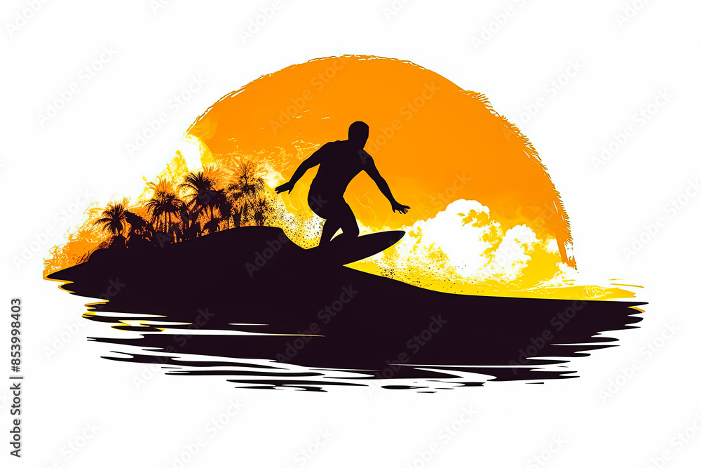 Poster a man is surfing a wave in the ocean. the image has a dynamic and energetic mood, as the man is ridi
