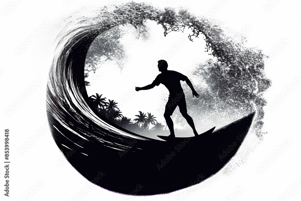 Poster a man is surfing a wave in the ocean. the image has a dynamic and energetic mood, as the man is ridi