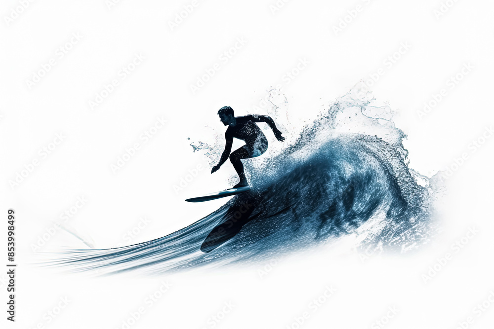 Poster a man is surfing a wave in the ocean. the image has a dynamic and energetic mood, as the man is ridi