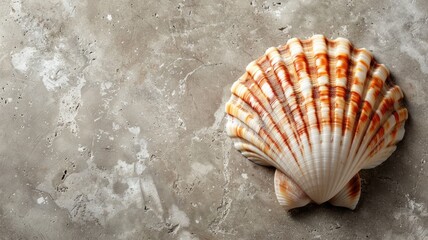 Scallop sea shell with orange stripes on concrete background