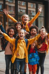 Fototapeta premium Excited Schoolchildren Pose Back to School
