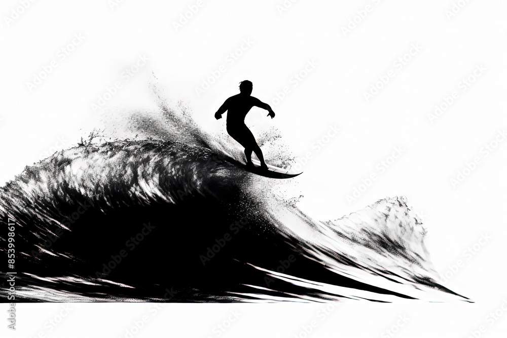 Poster a man is surfing a wave in the ocean. the image has a dynamic and energetic mood, as the man is ridi