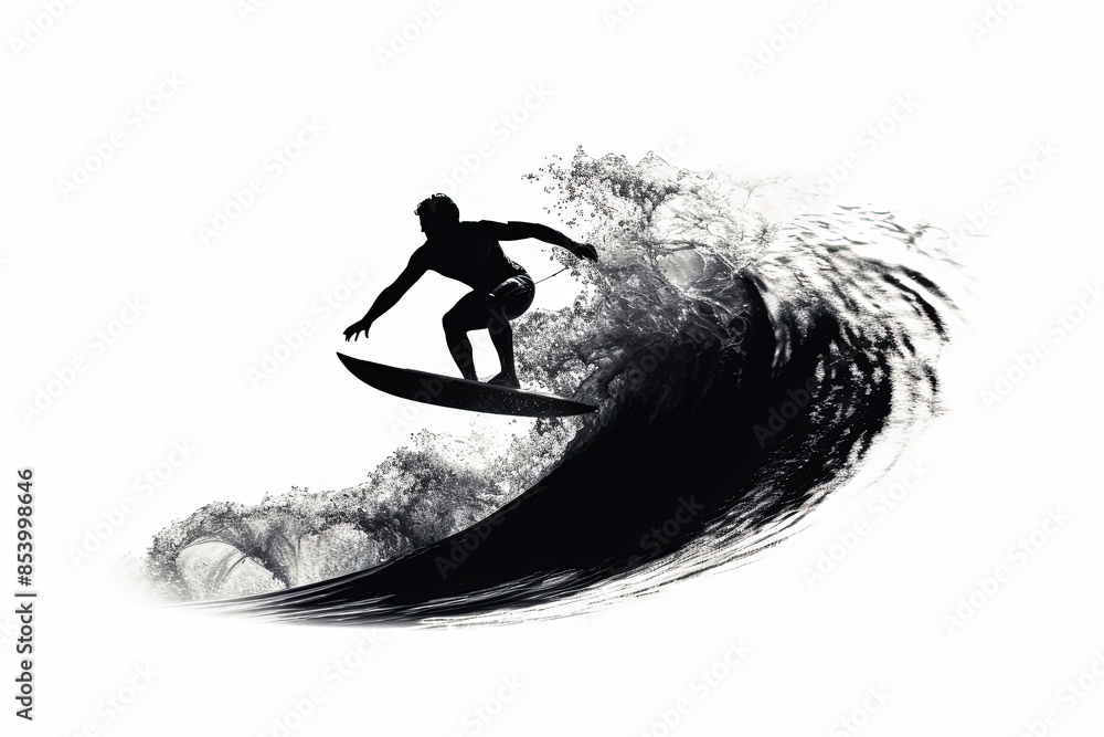 Poster a man is surfing a wave in the ocean. the image has a dynamic and energetic mood, as the man is ridi
