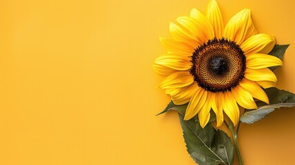 Vibrant yellow sunflower with green leaves on matching background, highlighting its dark center