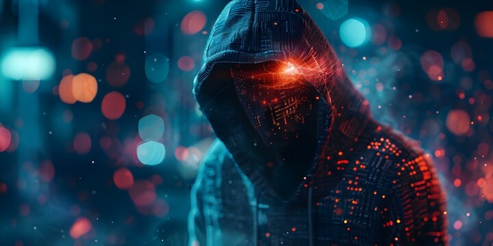 Solar Winds cyberattack by hooded hacker. Concept Cybersecurity, Solar Winds, Hacker, Data Breach, Cyberattack