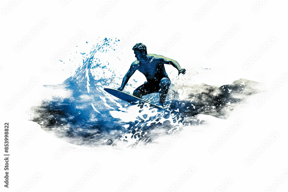 Poster a man is surfing a wave in the ocean. the image has a dynamic and energetic mood, as the man is ridi