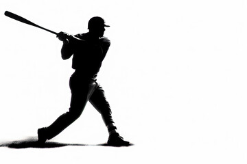 A baseball player is swinging a bat. The image is in black and white and the player is the only visible object. Scene is focused and intense, as the player is in the midst of a swing