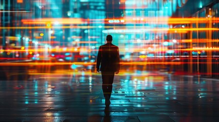 Fototapeta premium A businessman walks through an urban environment at night, his form blurred by motion. Long exposure captures the dynamic light trails of passing traffic, illustrating the constant movement and