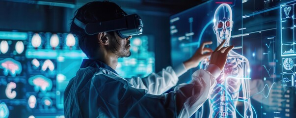 Fototapeta premium A healthcare worker using an augmented reality headset to visualize patient anatomy in a virtual space, futuristic, vibrant, medical illustration, interactive