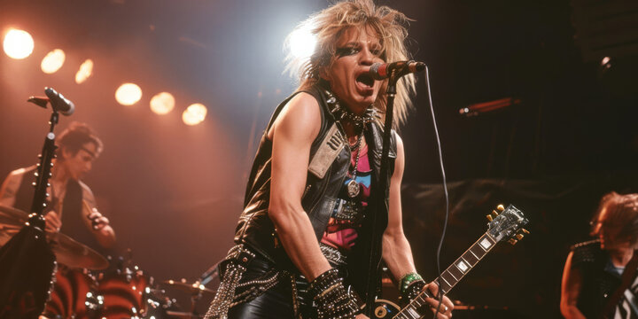 A rock and roll star singing and playing guitar on concert.