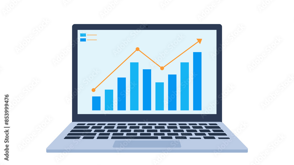 Aufkleber graphics of a laptop with a graph with data on the screen. the graph shows the growth of investments